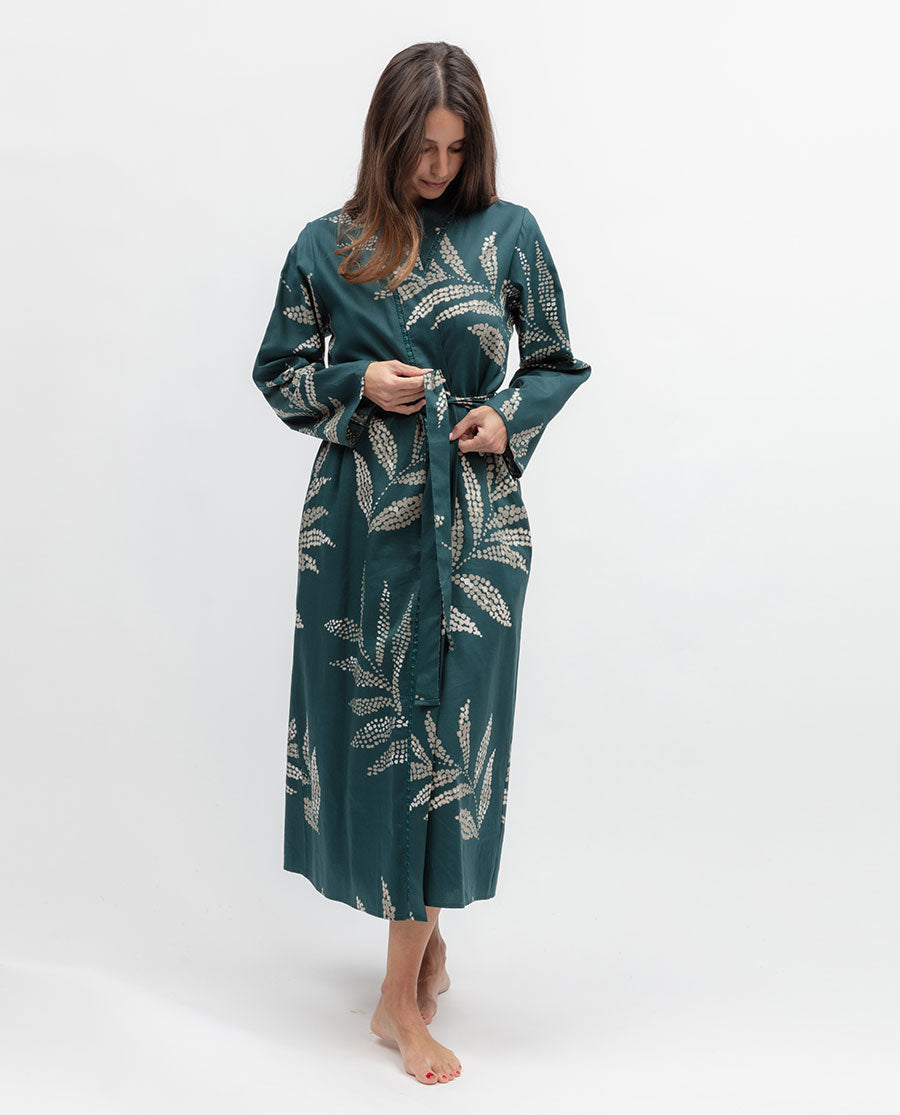 Aurelle Womens Lace Detail Leaf Print Long Dressing Gown