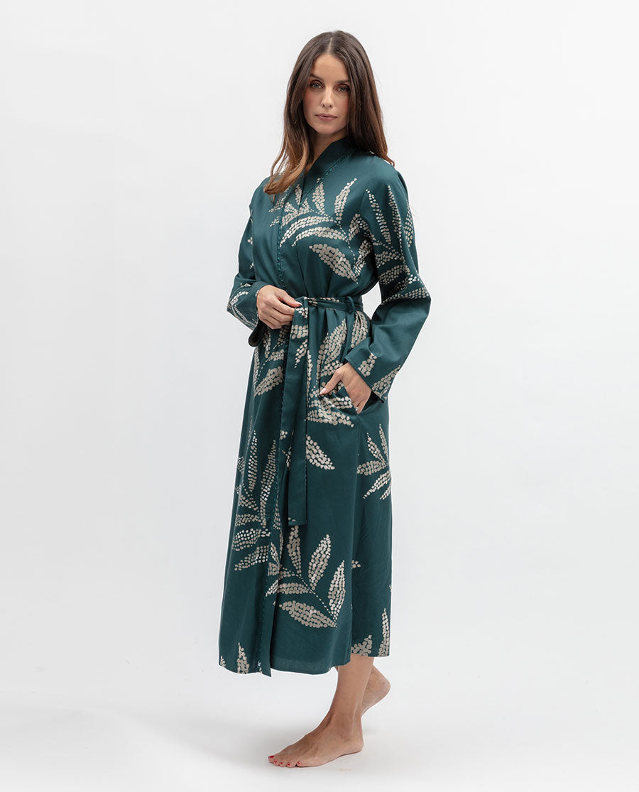 Womens Teal Lace Detail Leaf Print Long Dressing Gown
