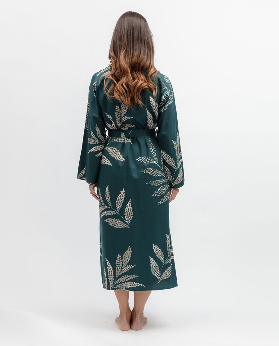 Womens Teal Lace Detail Leaf Print Long Dressing Gown