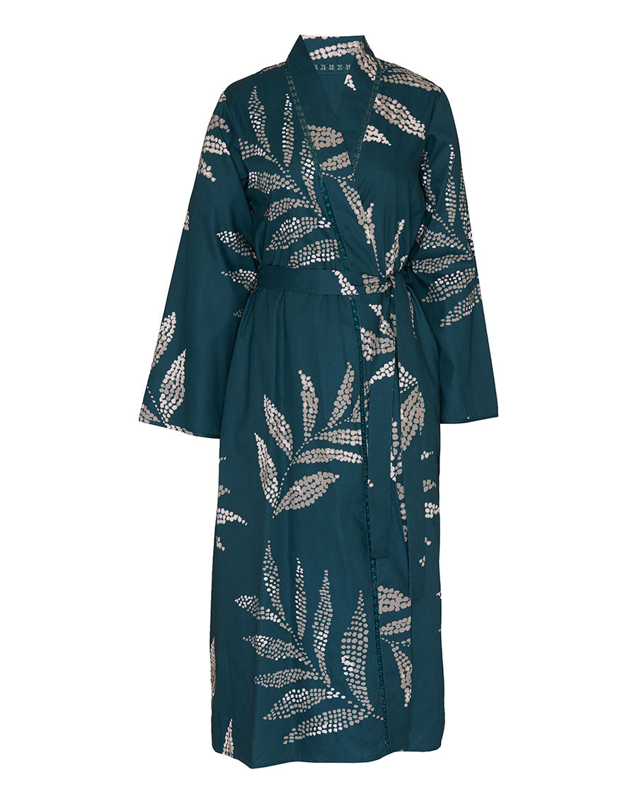Womens Teal Lace Detail Leaf Print Long Dressing Gown