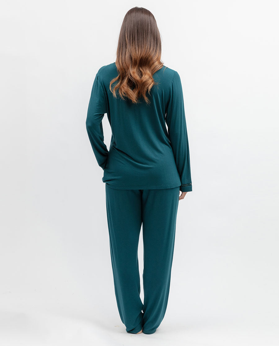 Womens Teal Lace Detail Jersey Pyjama Set