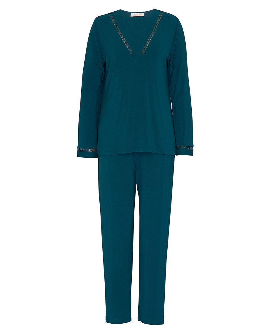 Womens Teal Lace Detail Jersey Pyjama Set