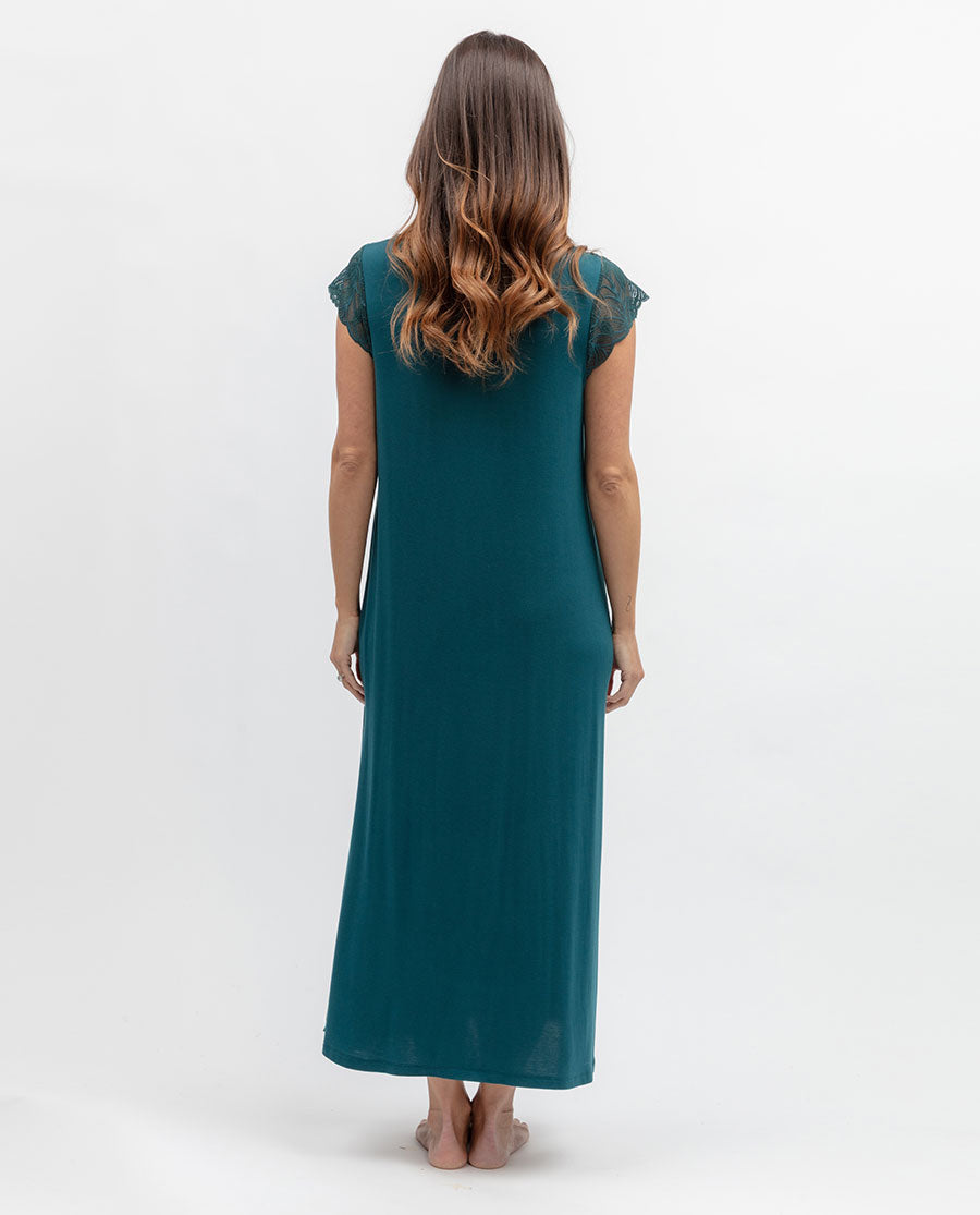 Womens Teal Lace Detail Jersey Long Nightdress