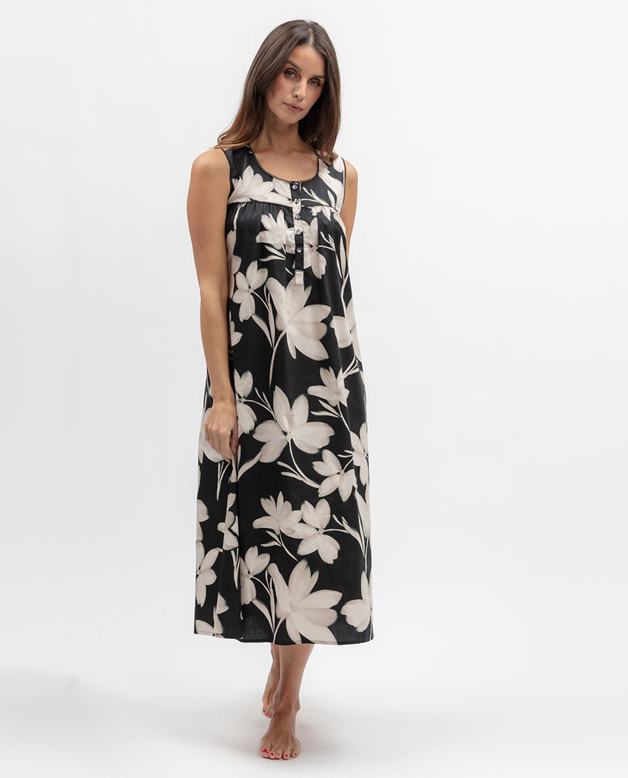 Moonlit Garden Womens Lace Trim Floral Print Long Nightdress