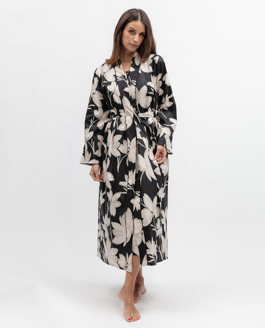 Womens Lace Trim Floral Print Long Dressing Gown