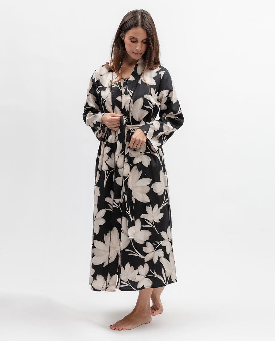 Moonlit Garden Womens Lace Trim Leaf Print Long Dressing Gown