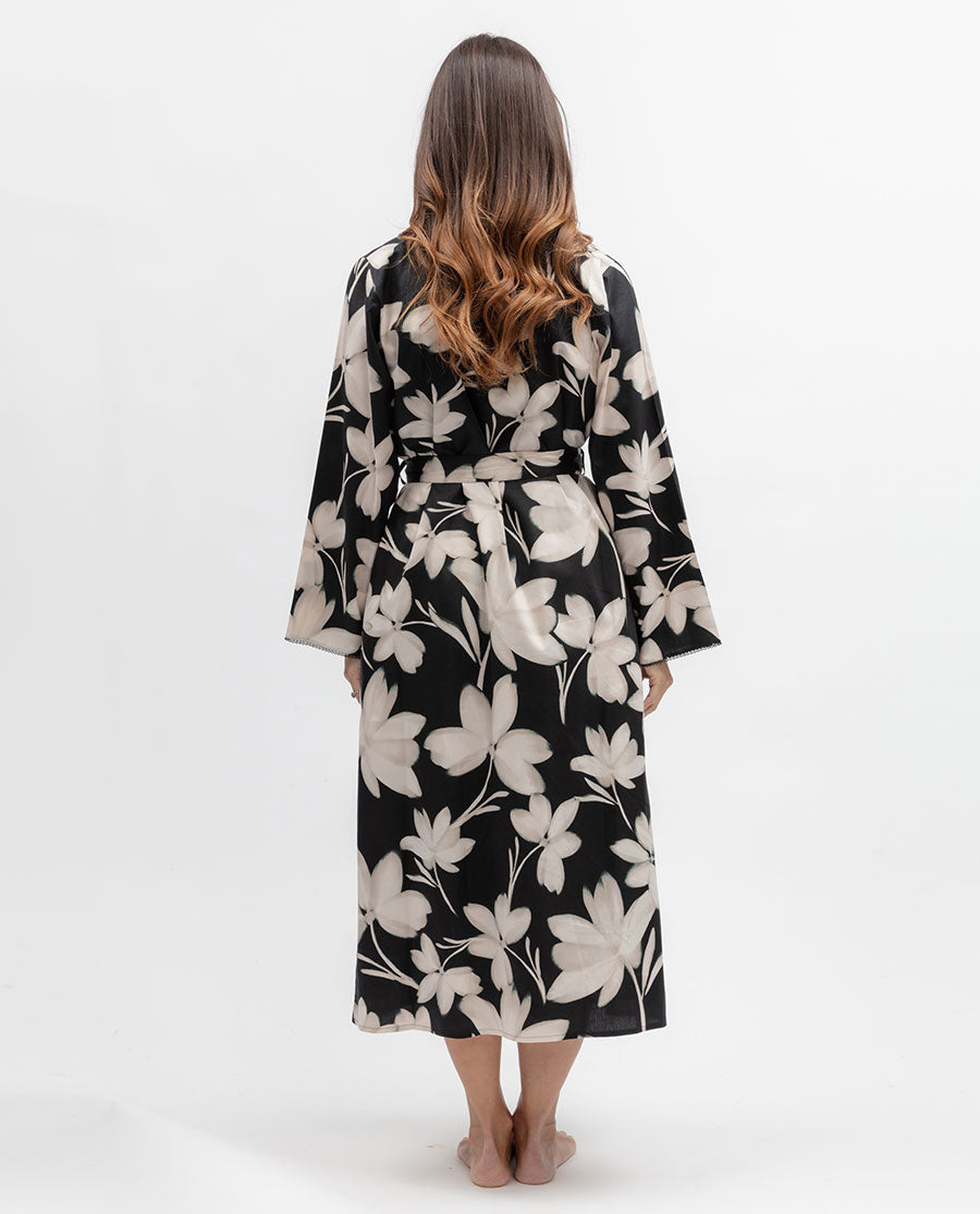 Womens Lace Trim Floral Print Long Dressing Gown