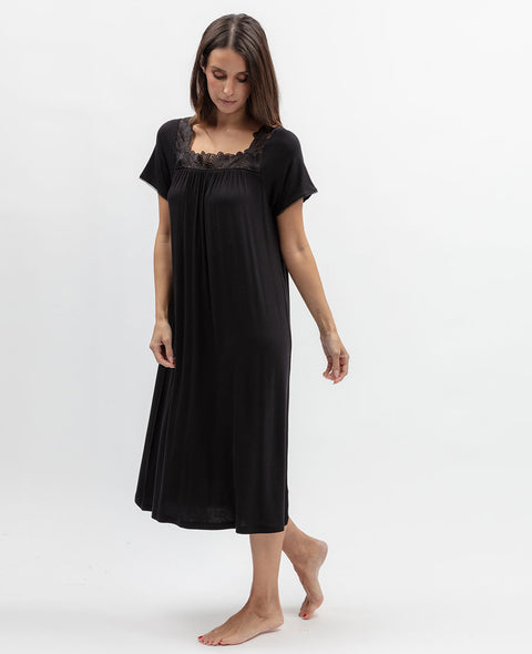 Moonlit Garden Womens Lace Detail Jersey Midi Nightdress