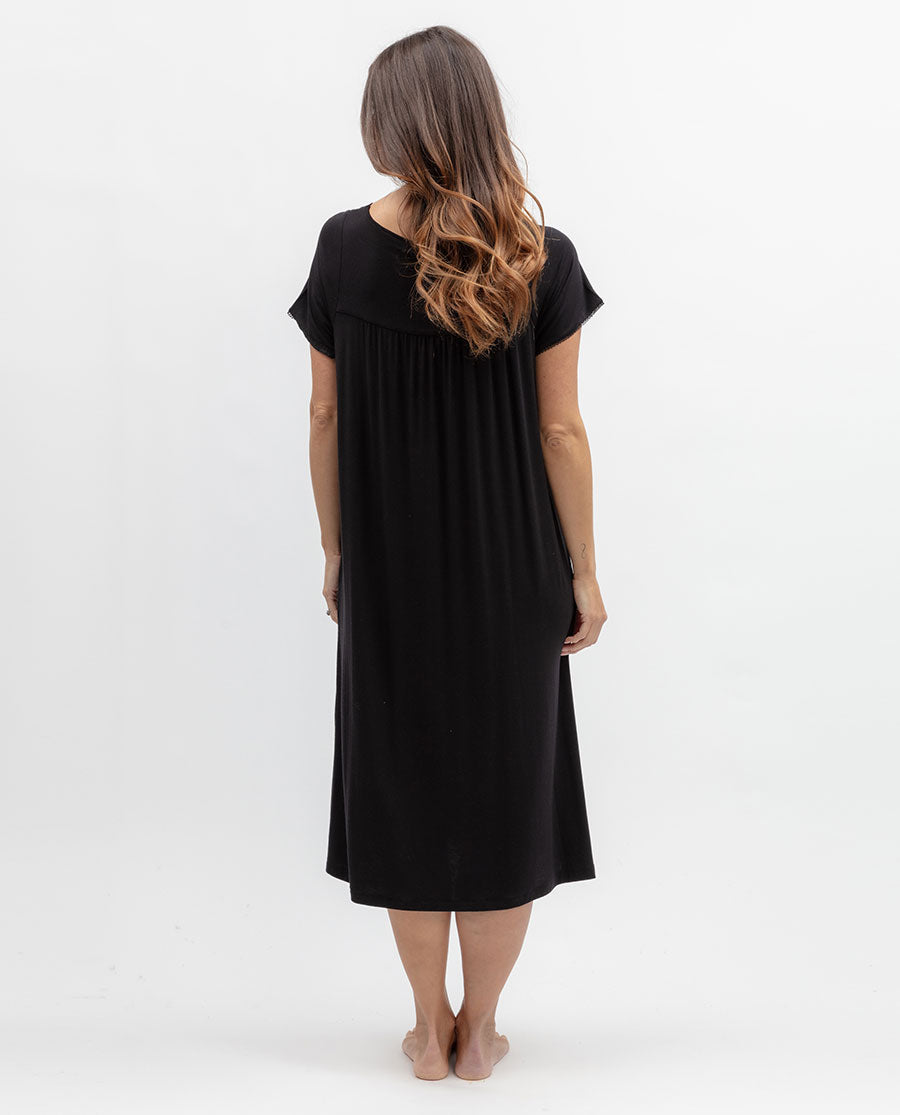 Womens Black Lace Detail Jersey Midi Nightdress