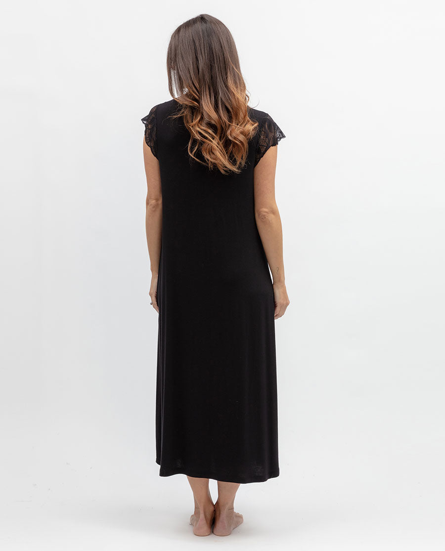 Womens Black Lace Detail Jersey Long Nightdress