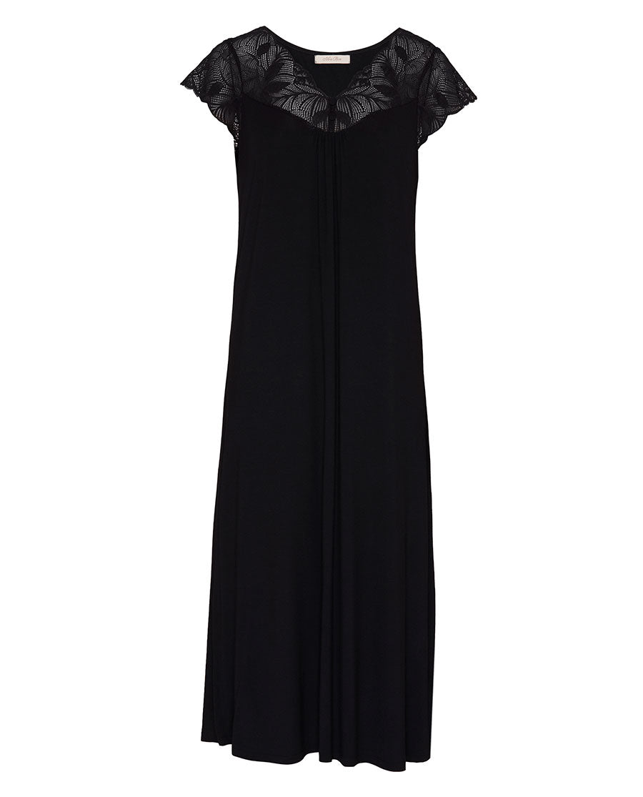 Womens Black Lace Detail Jersey Long Nightdress
