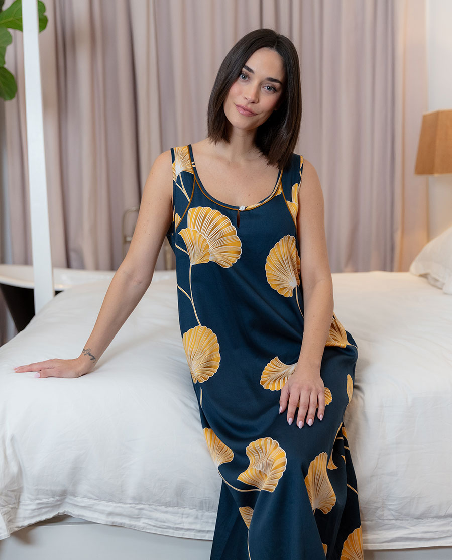 Sapphire Leaf Print Long Nightdress