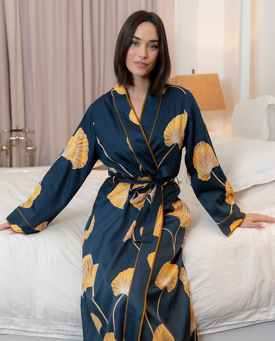 Sapphire Leaf Print Long Dressing Gown