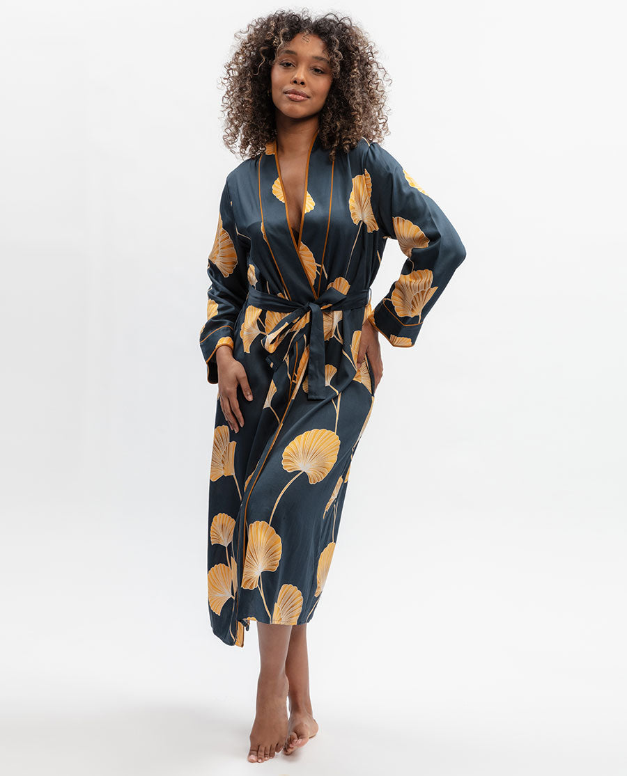 Sapphire Leaf Print Long Dressing Gown
