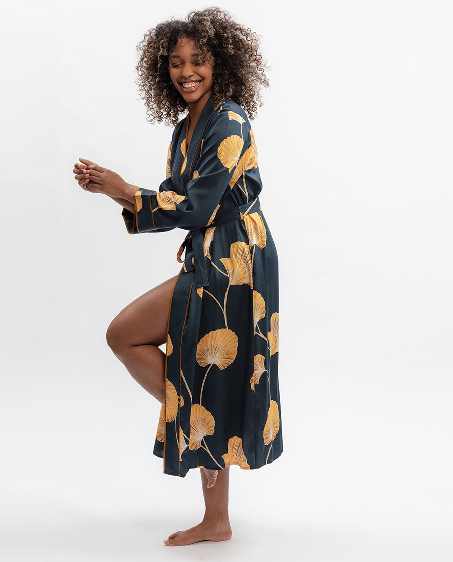Sapphire Leaf Print Long Dressing Gown