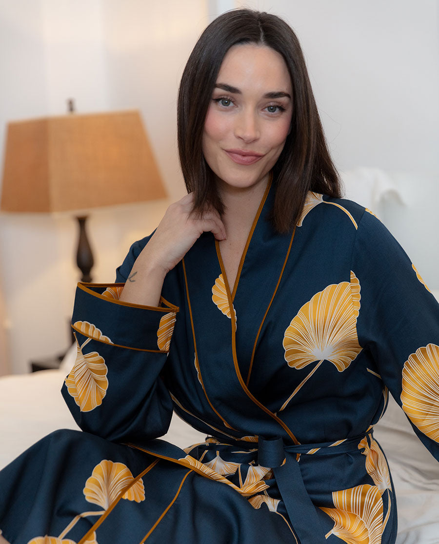 Sapphire Leaf Print Long Dressing Gown