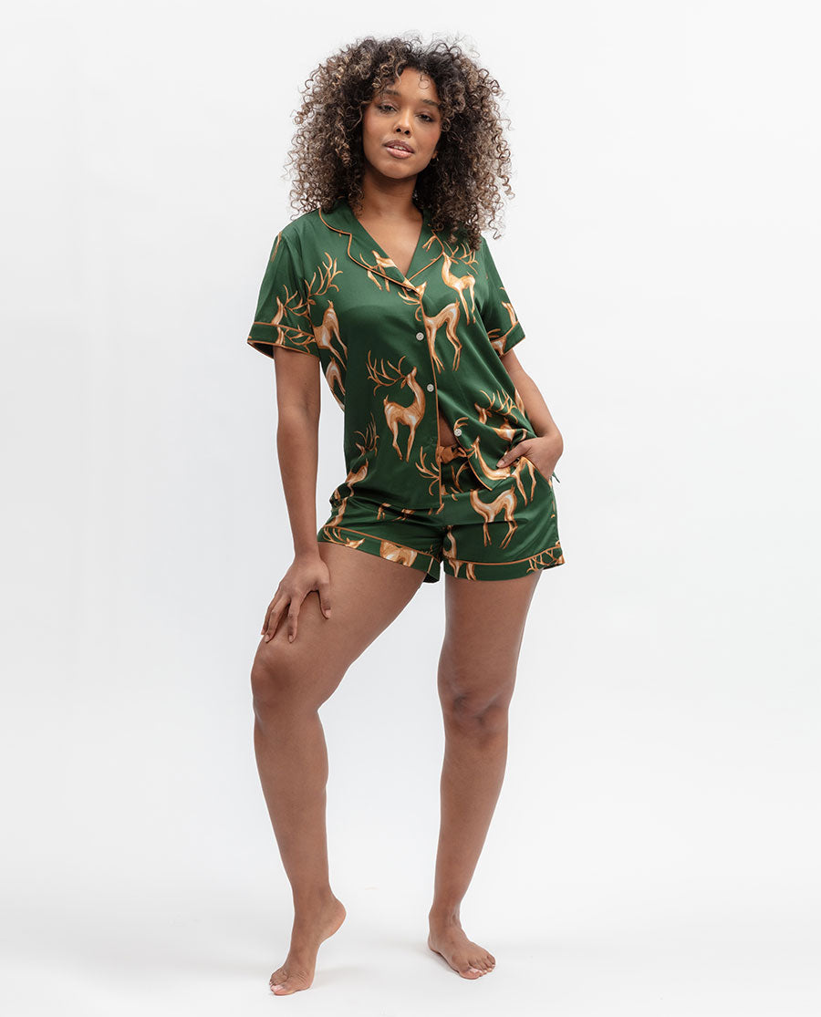 Emerald Prancing Deer Print Shorty Set