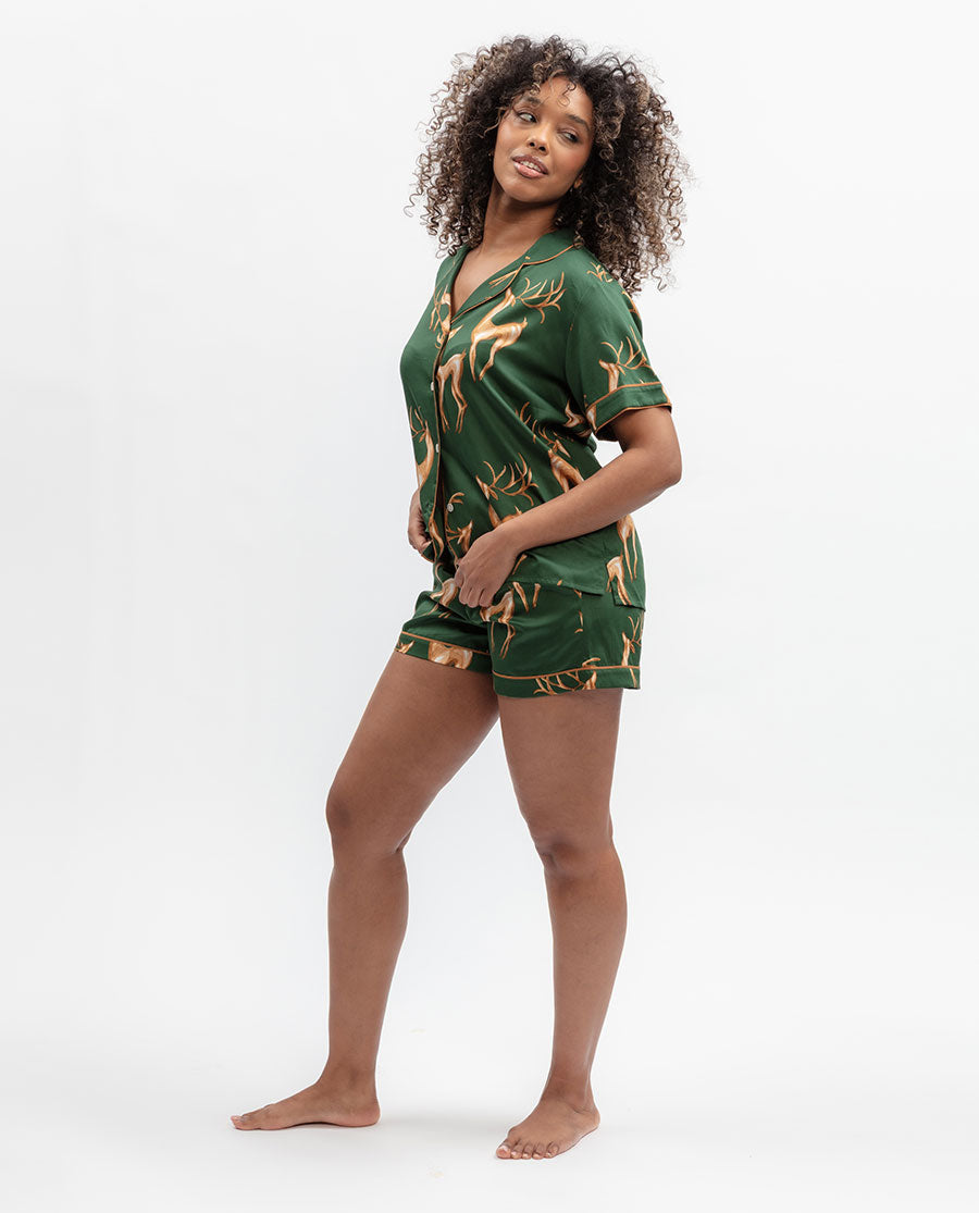 Emerald Prancing Deer Print Shorty Set