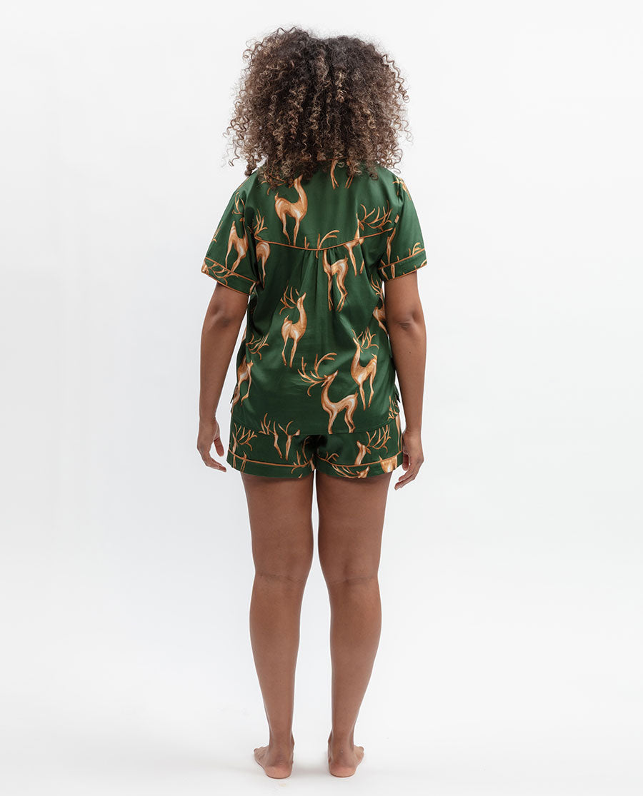 Emerald Prancing Deer Print Shorty Set
