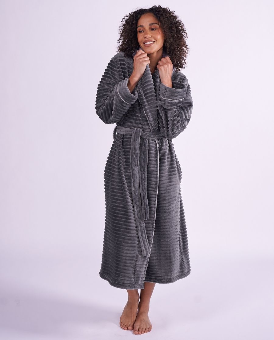 Womens Striped Charcoal Cosy Robe