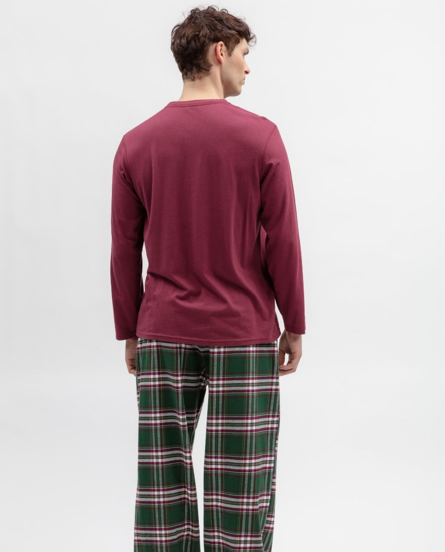 Mens Long Sleeve Jersey T-shirt and Green Brushed Check Pant