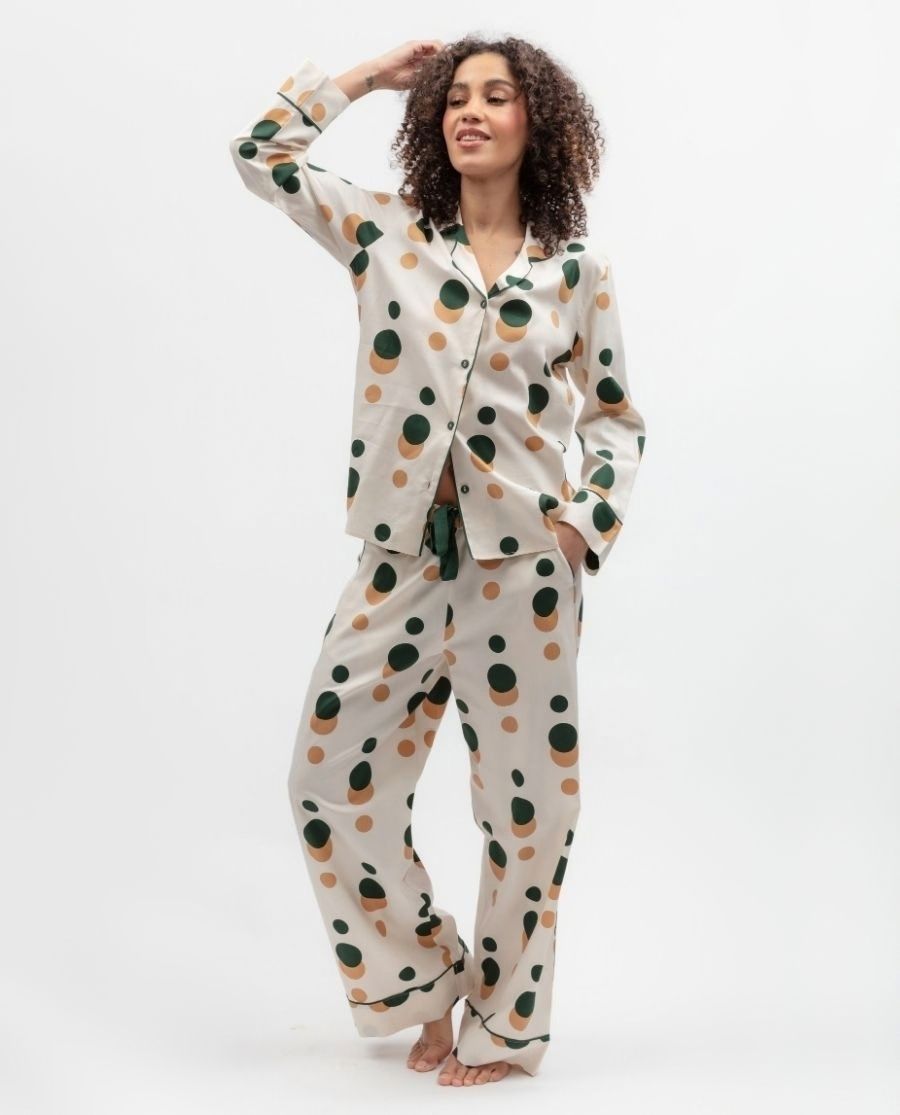 Womens Green Spot Print Pyjama Set