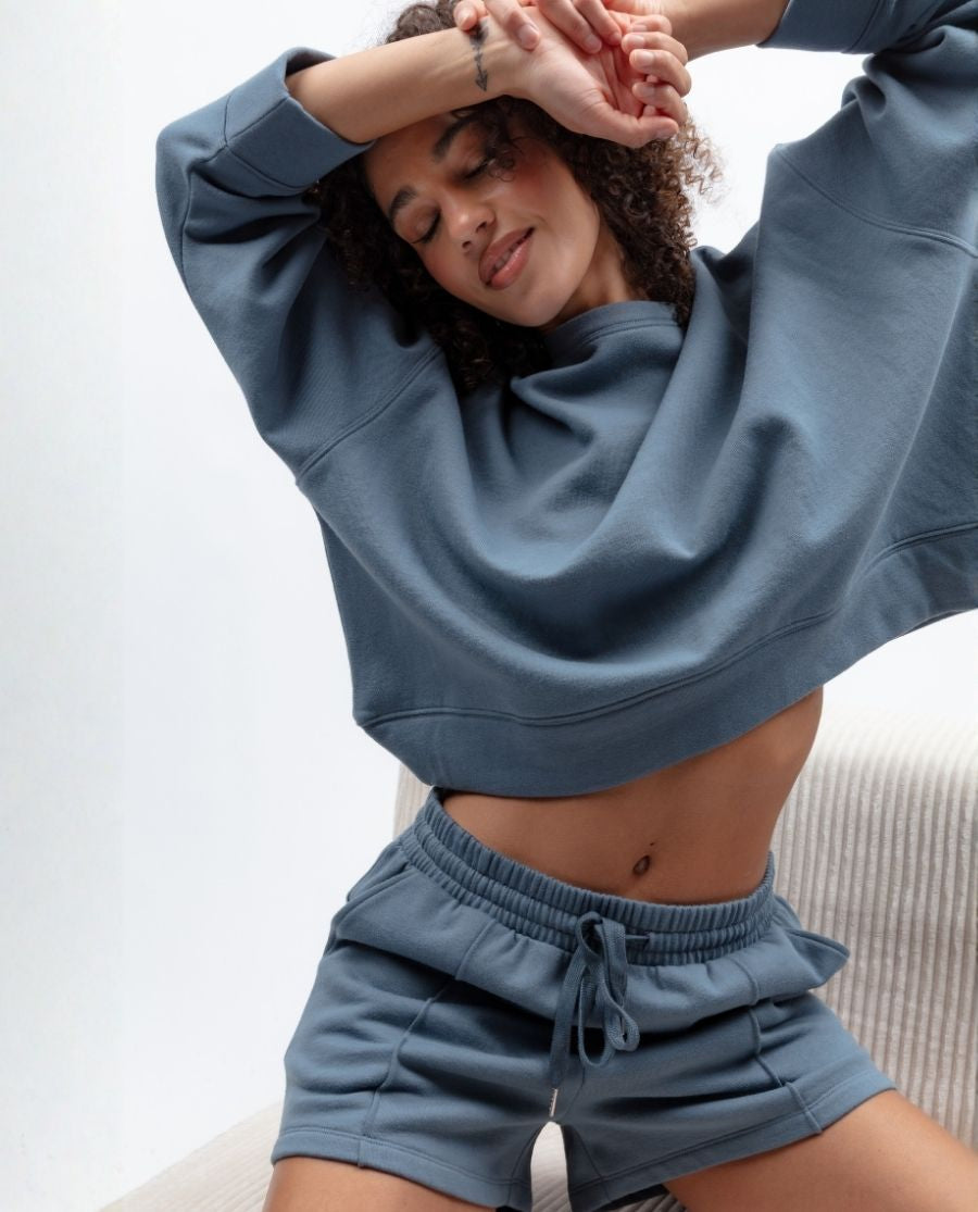 Womens Smoky Blue Lounge Crew-Neck and Shorts Set