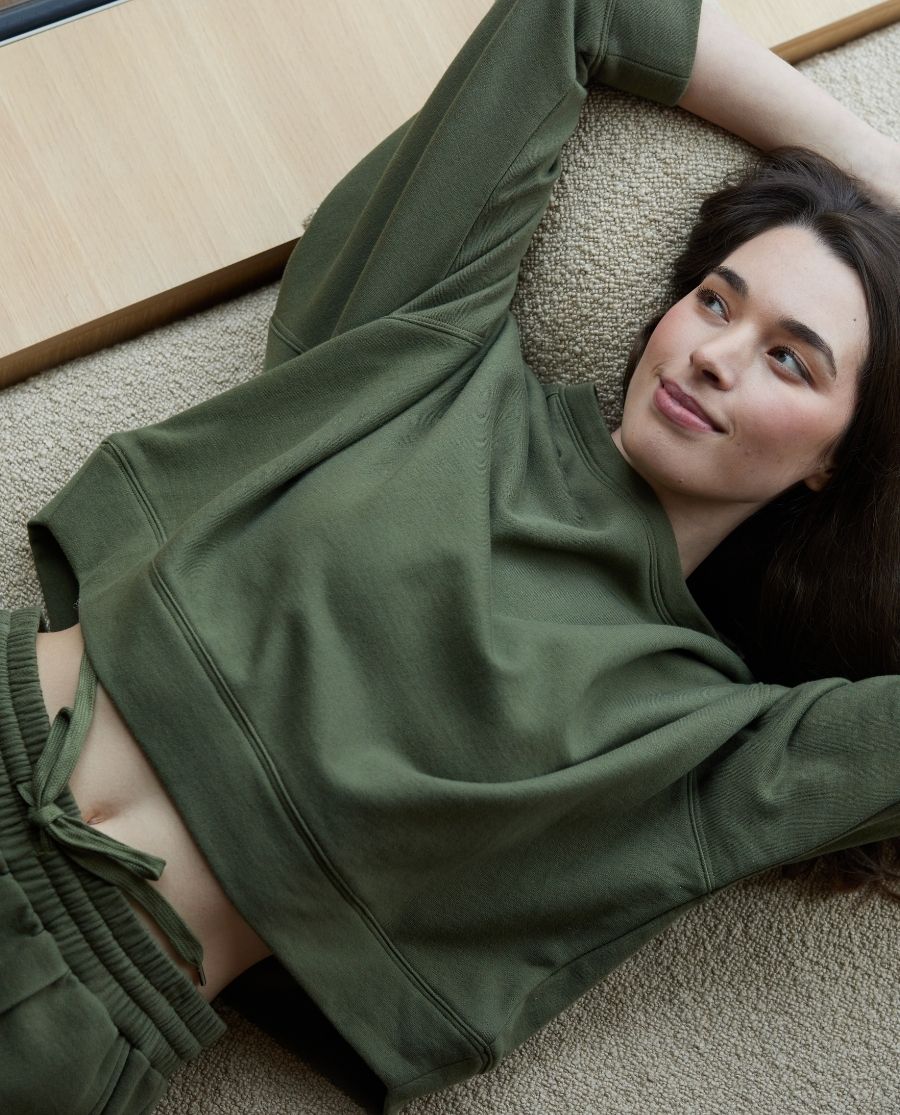 Womens Olive Lounge Crew-Neck and Shorts Set