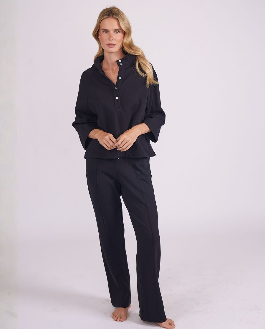 Womens Black Lounge Half Button Sweatshirt and Joggers Set