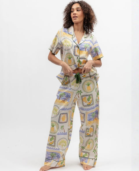 Cora Womens Postcard Print Wide Leg Pyjama Set