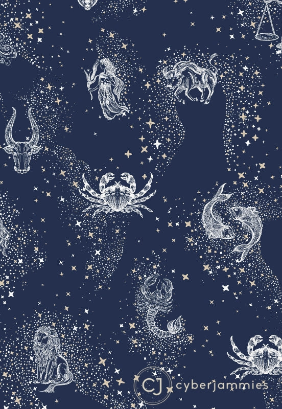 A repeating celestial pattern on a dark navy blue background, featuring white zodiac illustrations such as a crab, dolphin, lion, and a ram, with scattered small stars and dotted light trails. A circular 'CJ cyberjammies' mark appears at the bottom right.