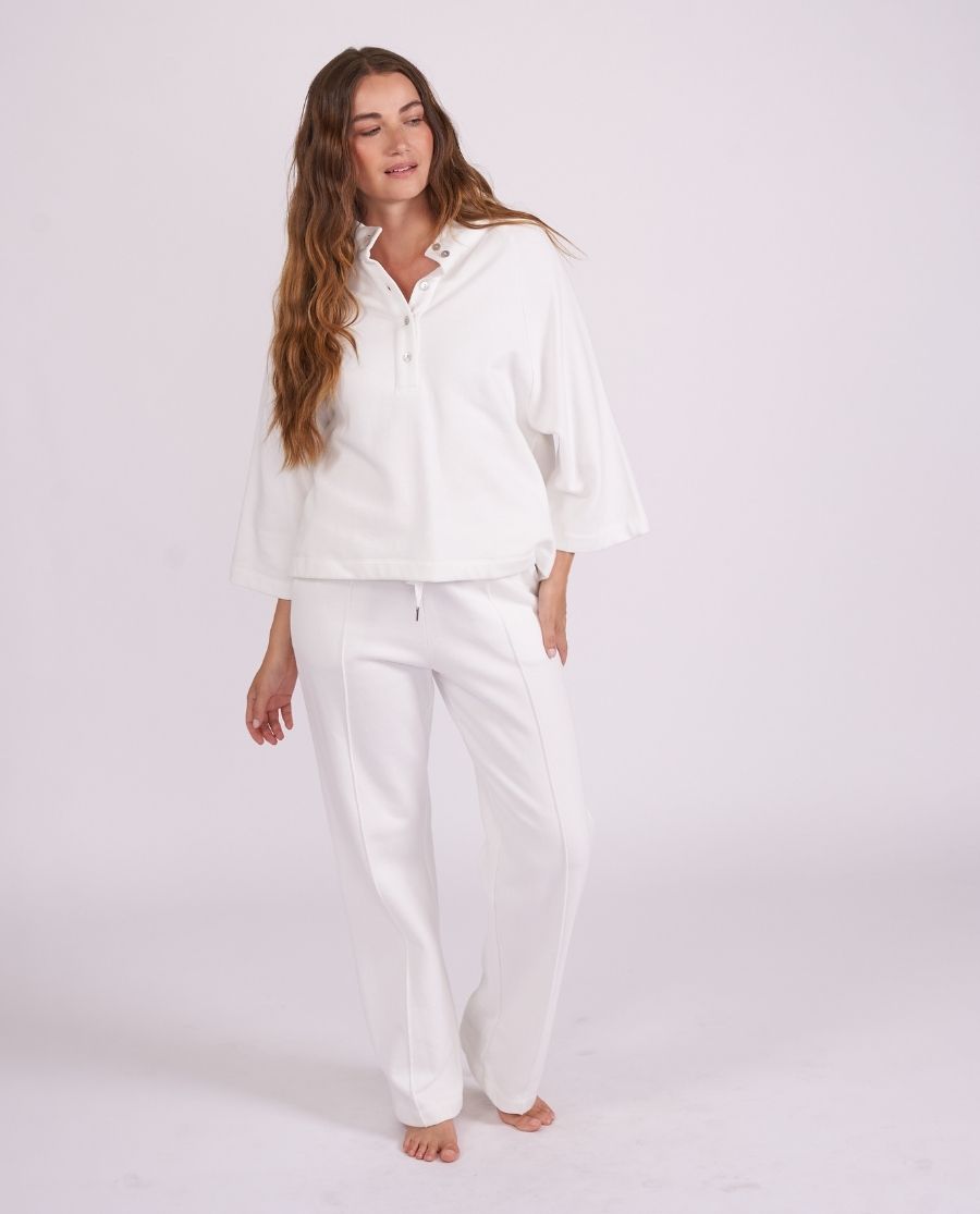 Womens White Lounge Half-Button Sweatshirt and Joggers Set