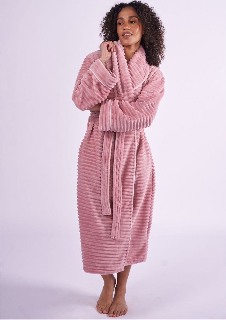 Womens Striped Dusky Pink Cosy Dressing Gown