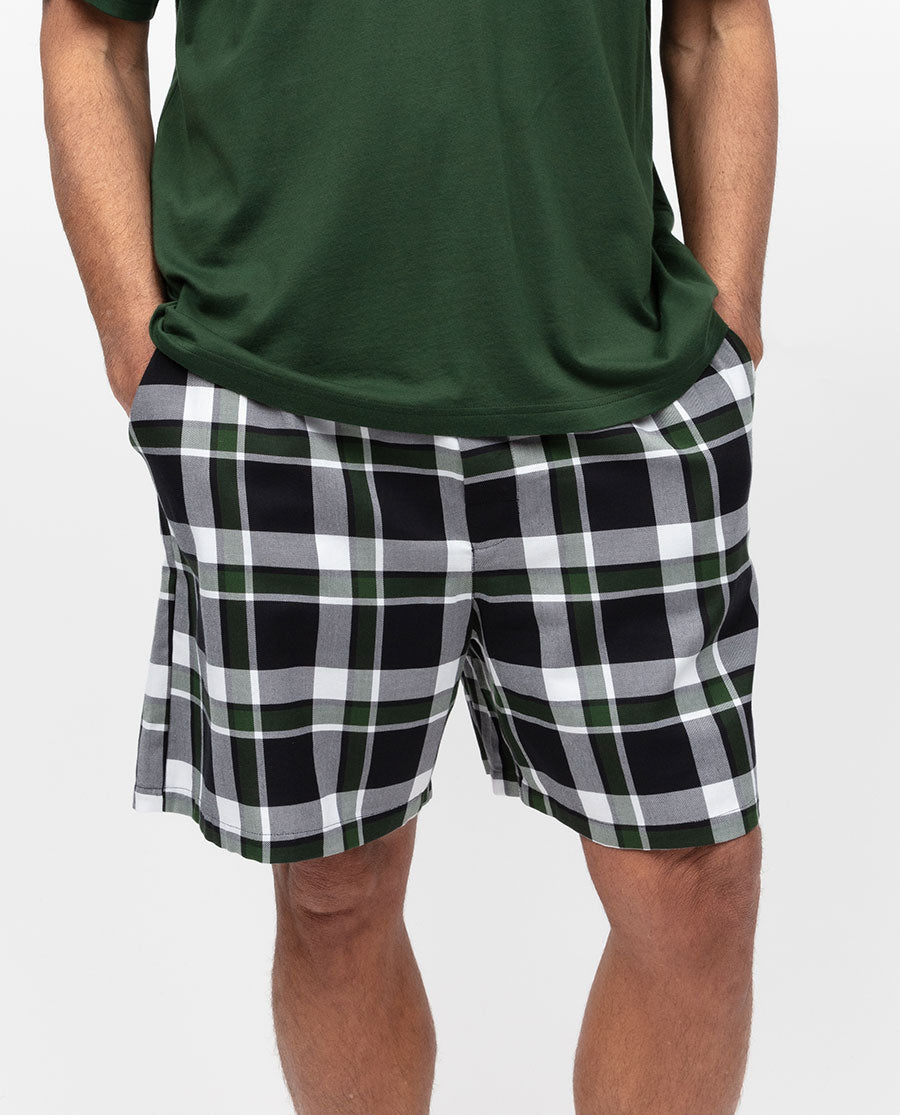 Olivgrüne, leicht gebürstete Herren-Shorts mit Karomuster