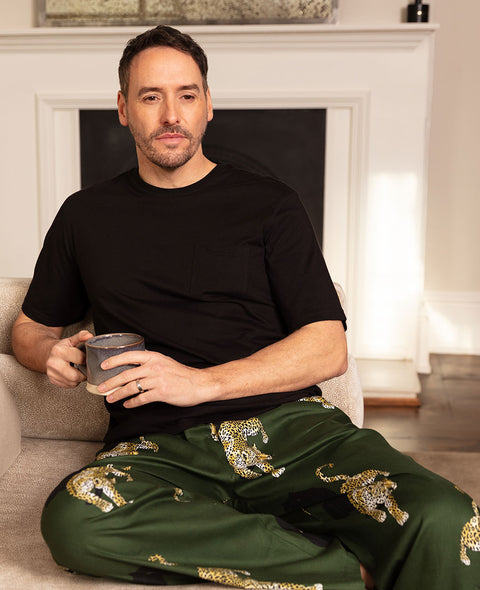 Olive Mens Jersey T-shirt and Leopard Print Pyjama Set