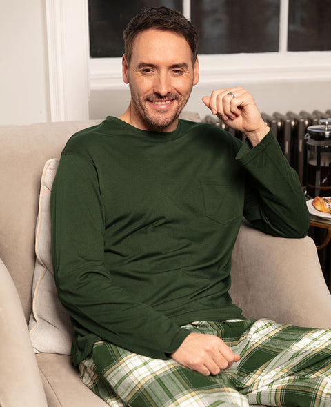Fern Mens Green Jersey T-shirt and Brushed Check Pyjama Set