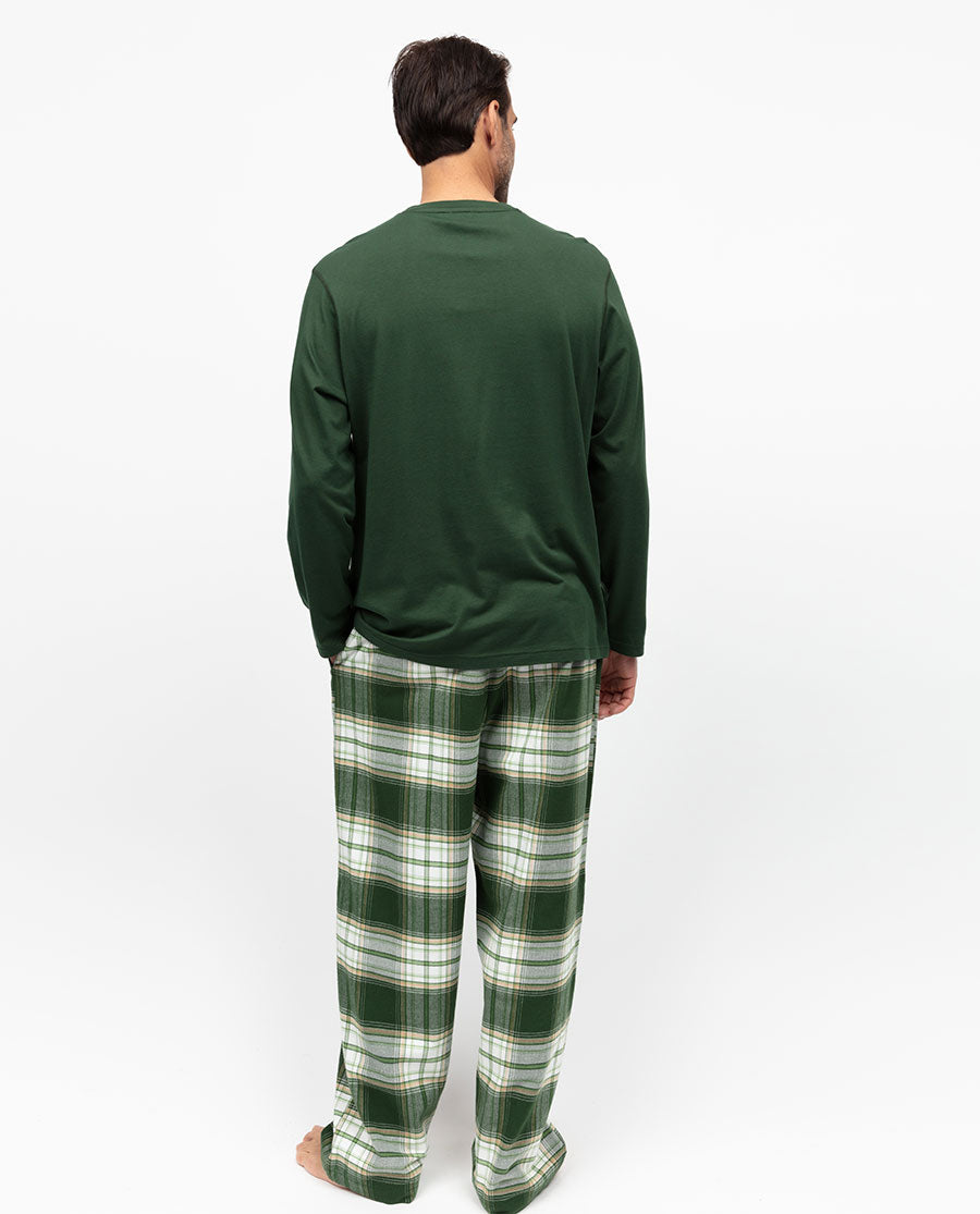 Fern Mens Green Jersey T-shirt and Brushed Check Pyjama Set - Cyberjammies