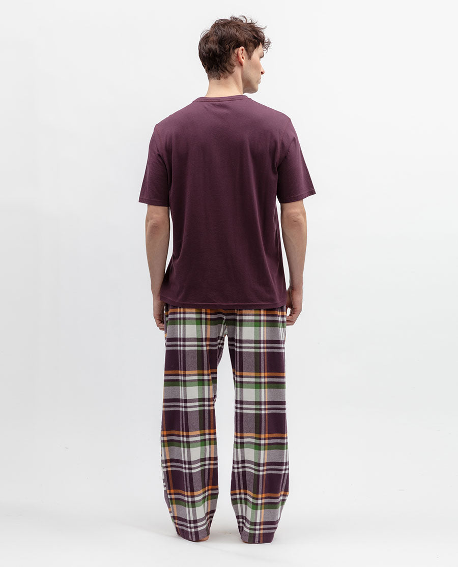 Mens Jersey T-shirt and Lightly Brushed Plum Check Pyjama Set
