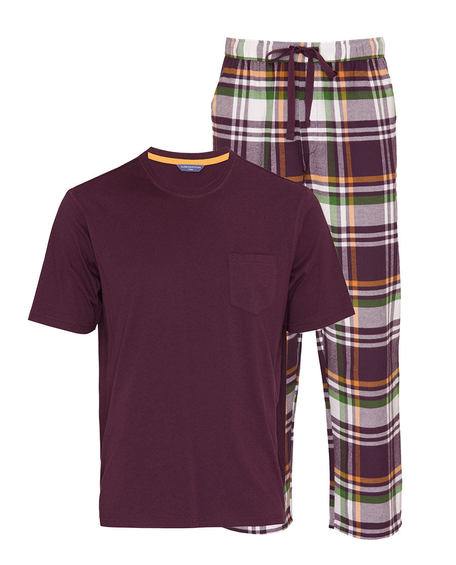 Mens Jersey T-shirt and Lightly Brushed Plum Check Pyjama Set