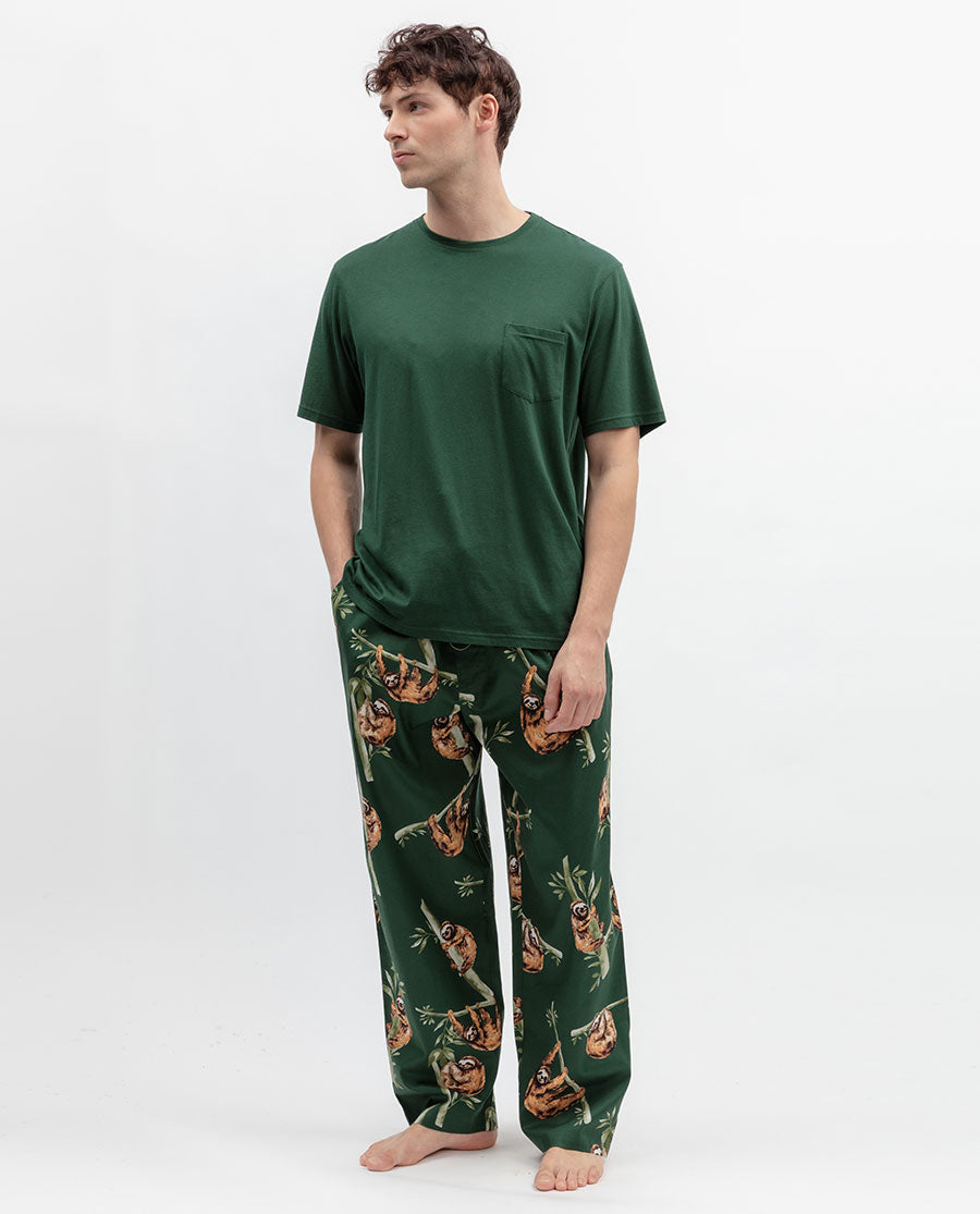 Mens Green Sloth Print Pyjama Bottoms