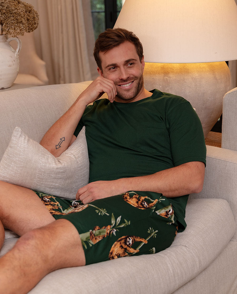 Mens Green Sloth Print Shorts