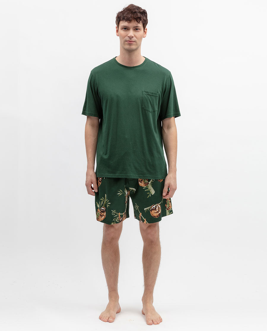 Mens Green Sloth Print Shorts
