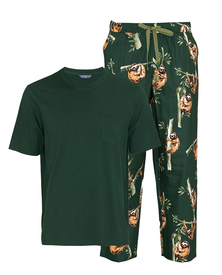 Mens Green Jersey T-shirt and Sloth Print Pyjama Set
