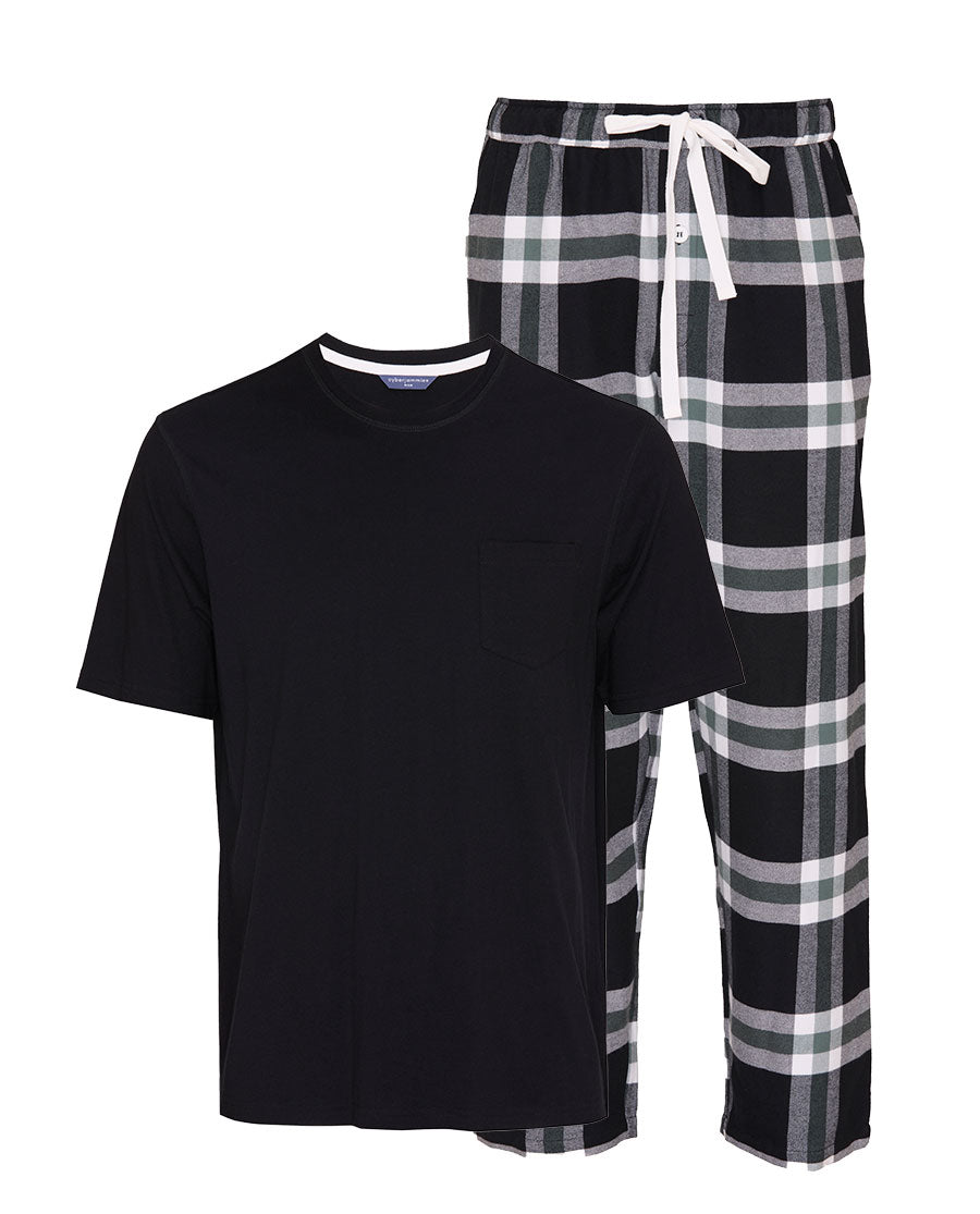 Mens Short Sleeve Jersey T-shirt and Brushed Check Pyjama Set