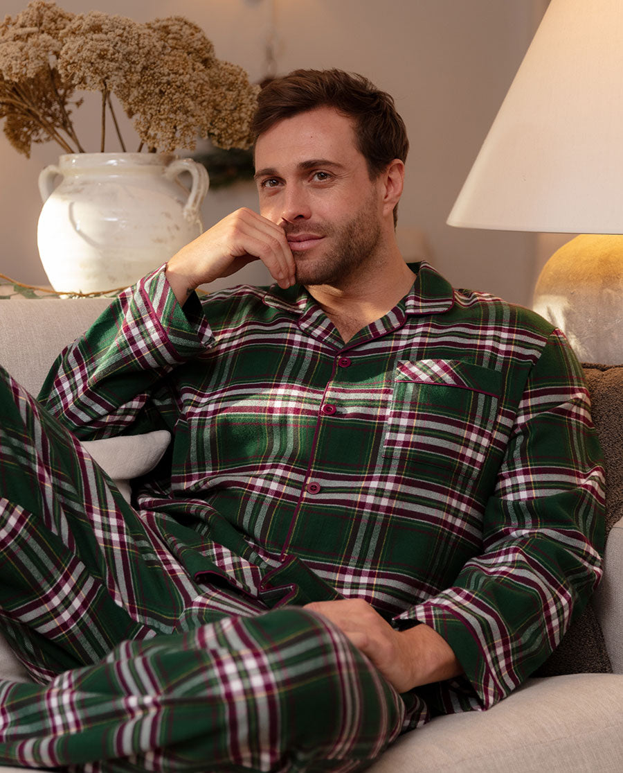 Mens Green Brushed Check Pyjama Top