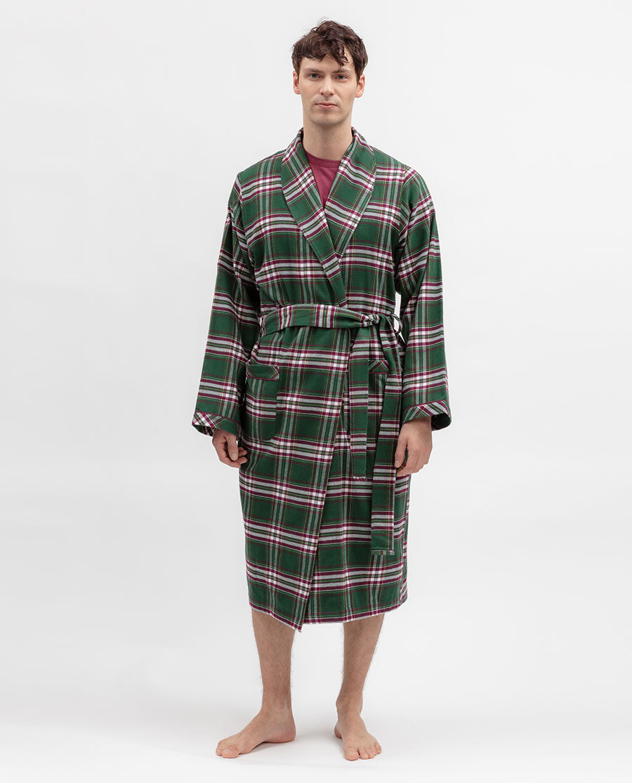 Mens Green Brushed Check Long Dressing Gown