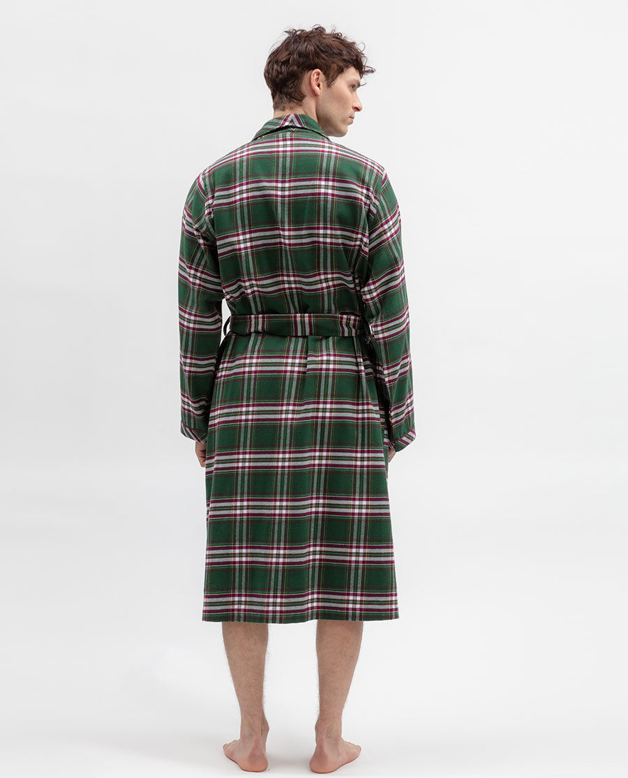 Mens Green Brushed Check Long Dressing Gown