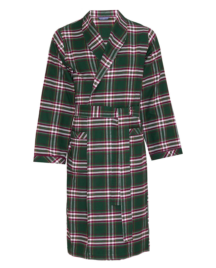 Mens Green Brushed Check Long Dressing Gown