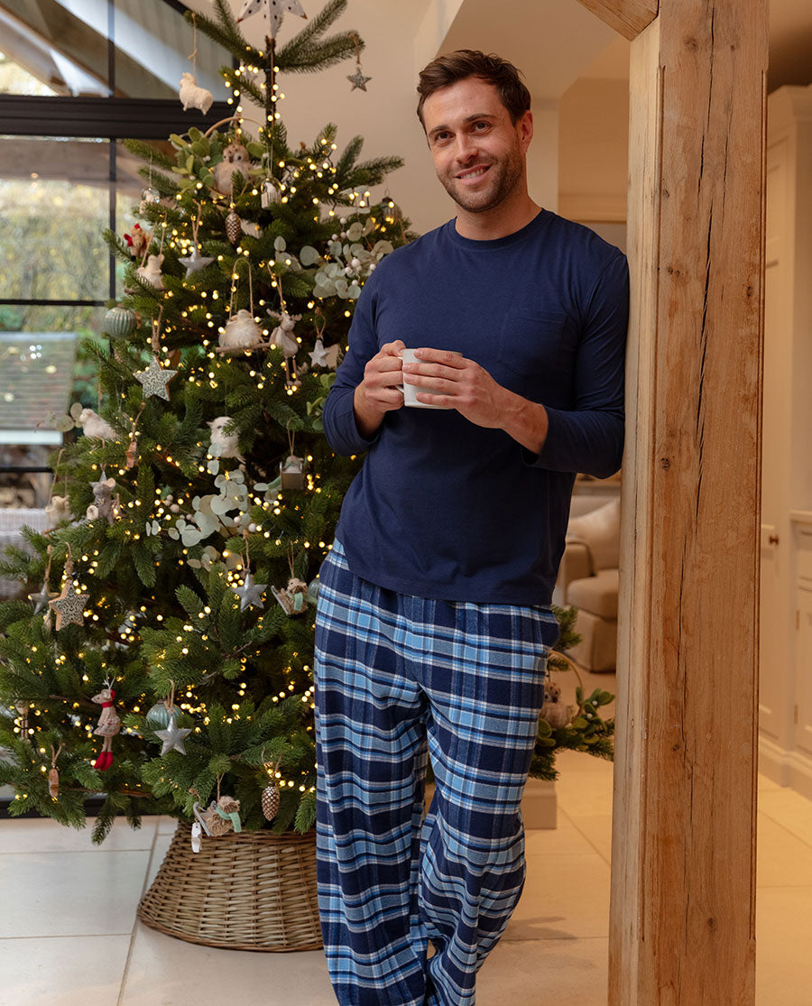Mens Blue Brushed Check Pyjama Bottoms
