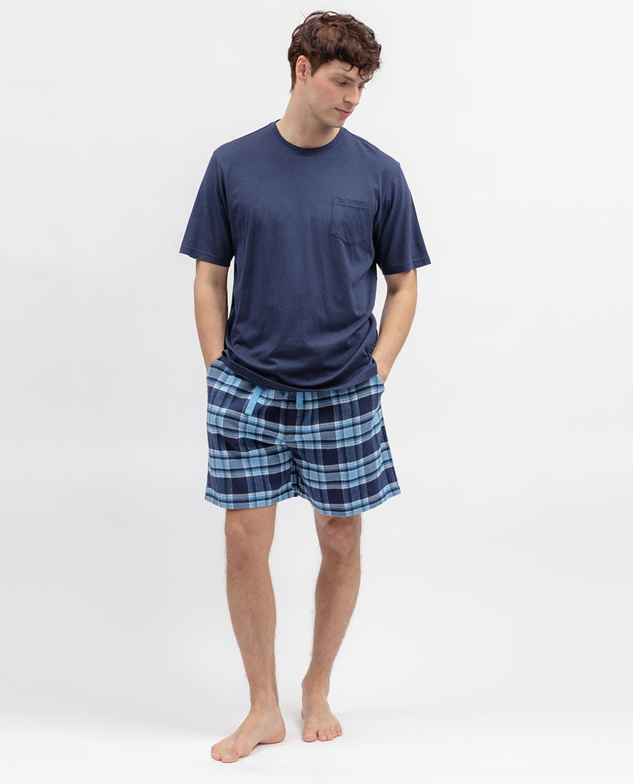 Mens Blue Short Sleeve Jersey T-shirt and Check Shorty Set